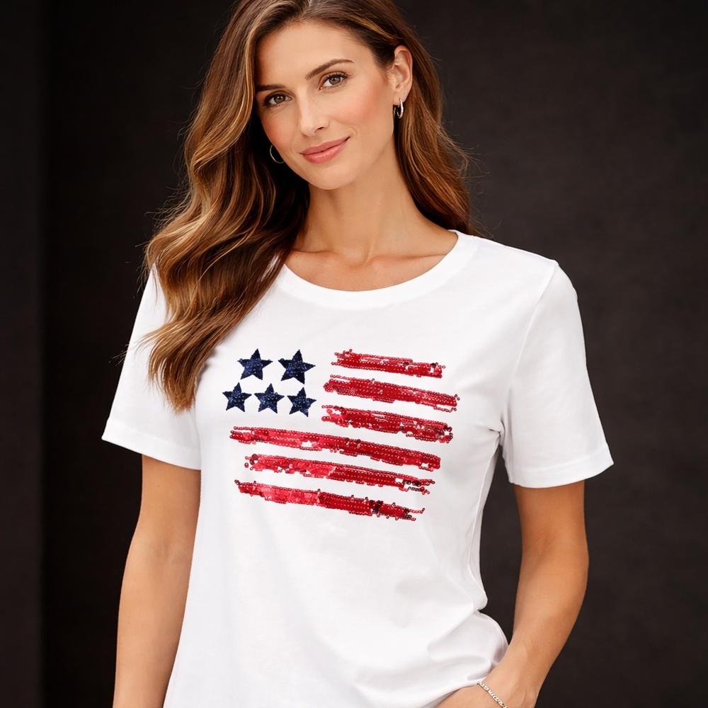 Chico's tee with sequin embellished American flag, size 2 - Picture 2 of 6